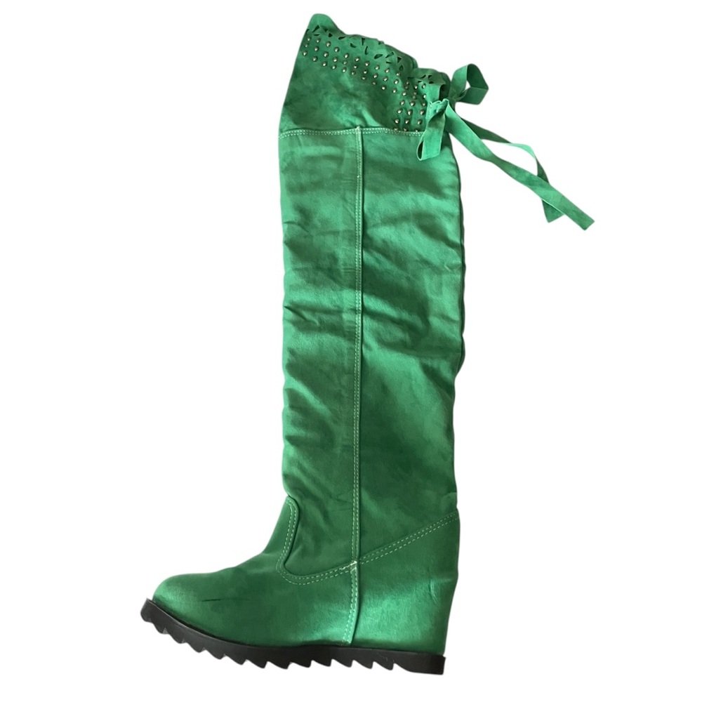 Over the Knee Edgy Flat Wedge Embellishment Boho Y2K Suede Green Boots Size 4